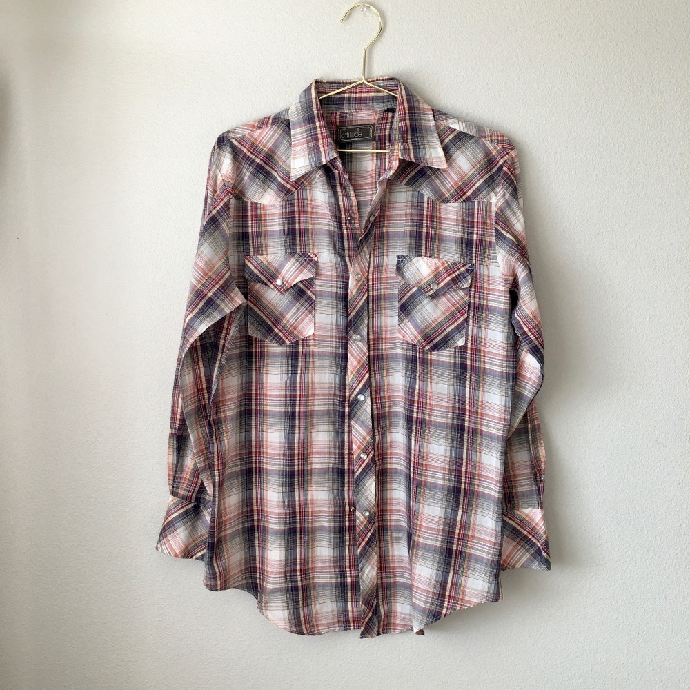 Western Plaid Pearl Snap Button Shirt Men's M